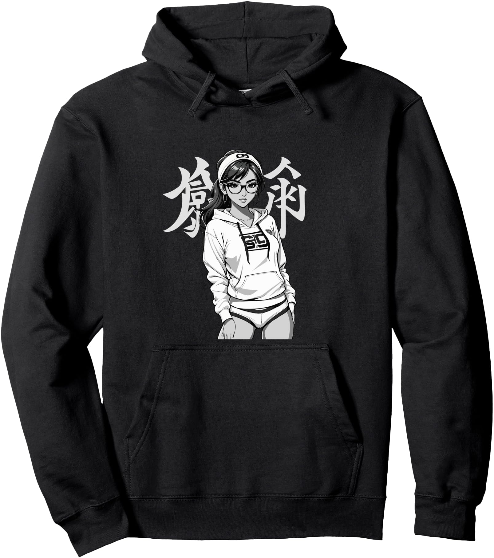 Sexy Waifu Sport Anime Girl Japanese in Black White Art Pullover Hoodie