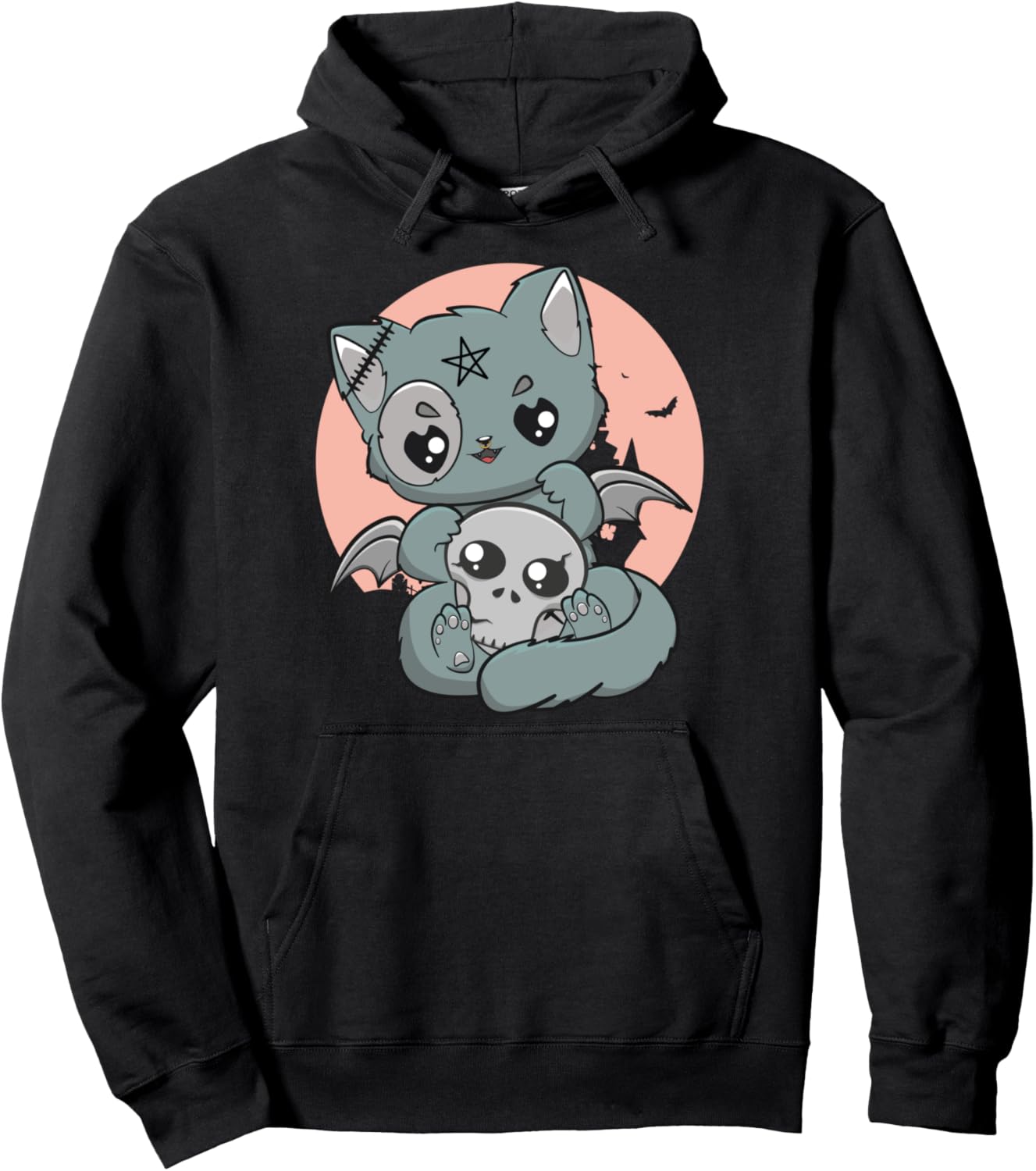 Kawaii Pastel Goth Cute Creepy Witchy Cat Skull Anime Manga Pullover Hoodie