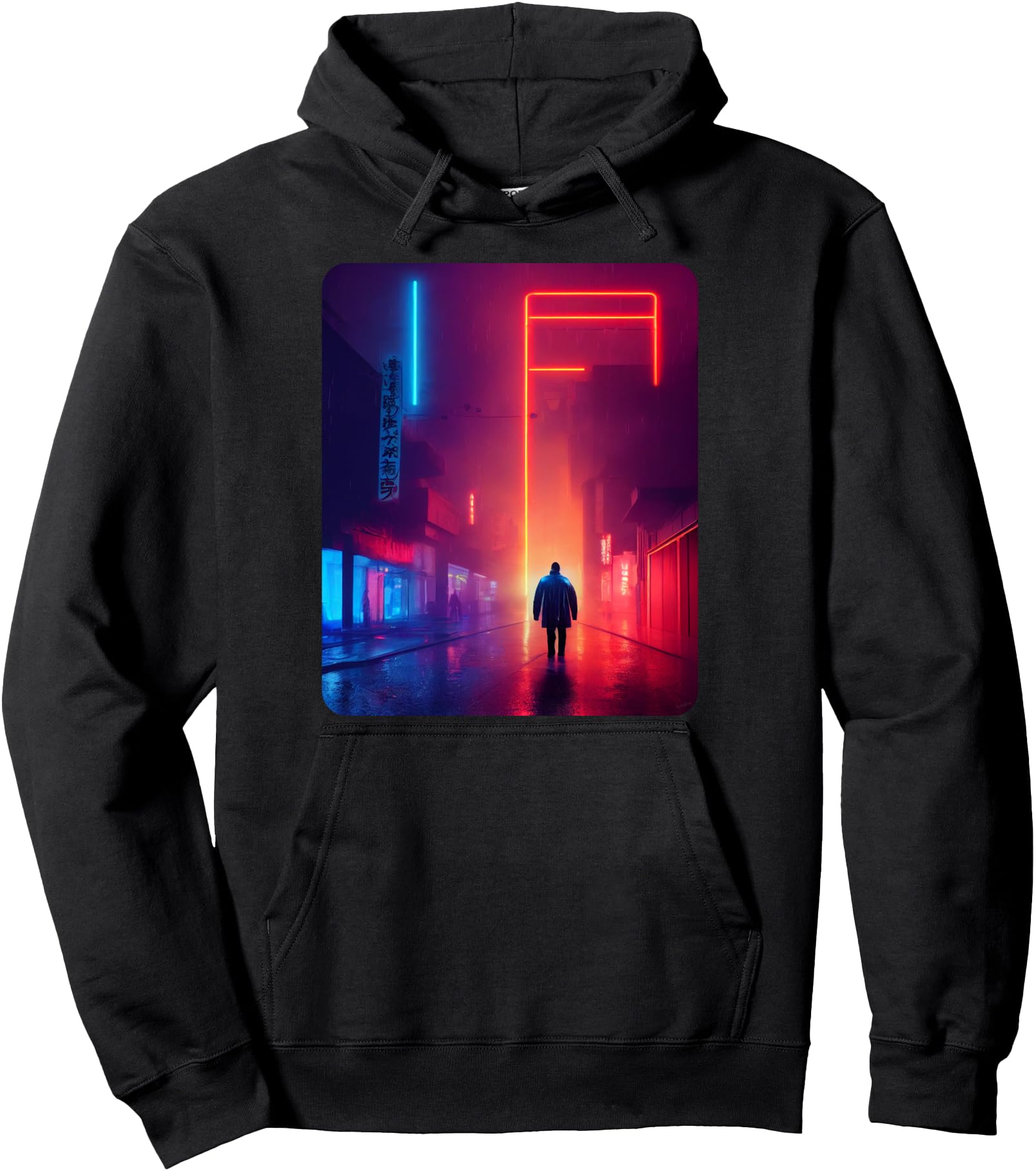 Man Wearing Raincoat Walking Under Rain Japanese Cyberpunk Pullover Hoodie