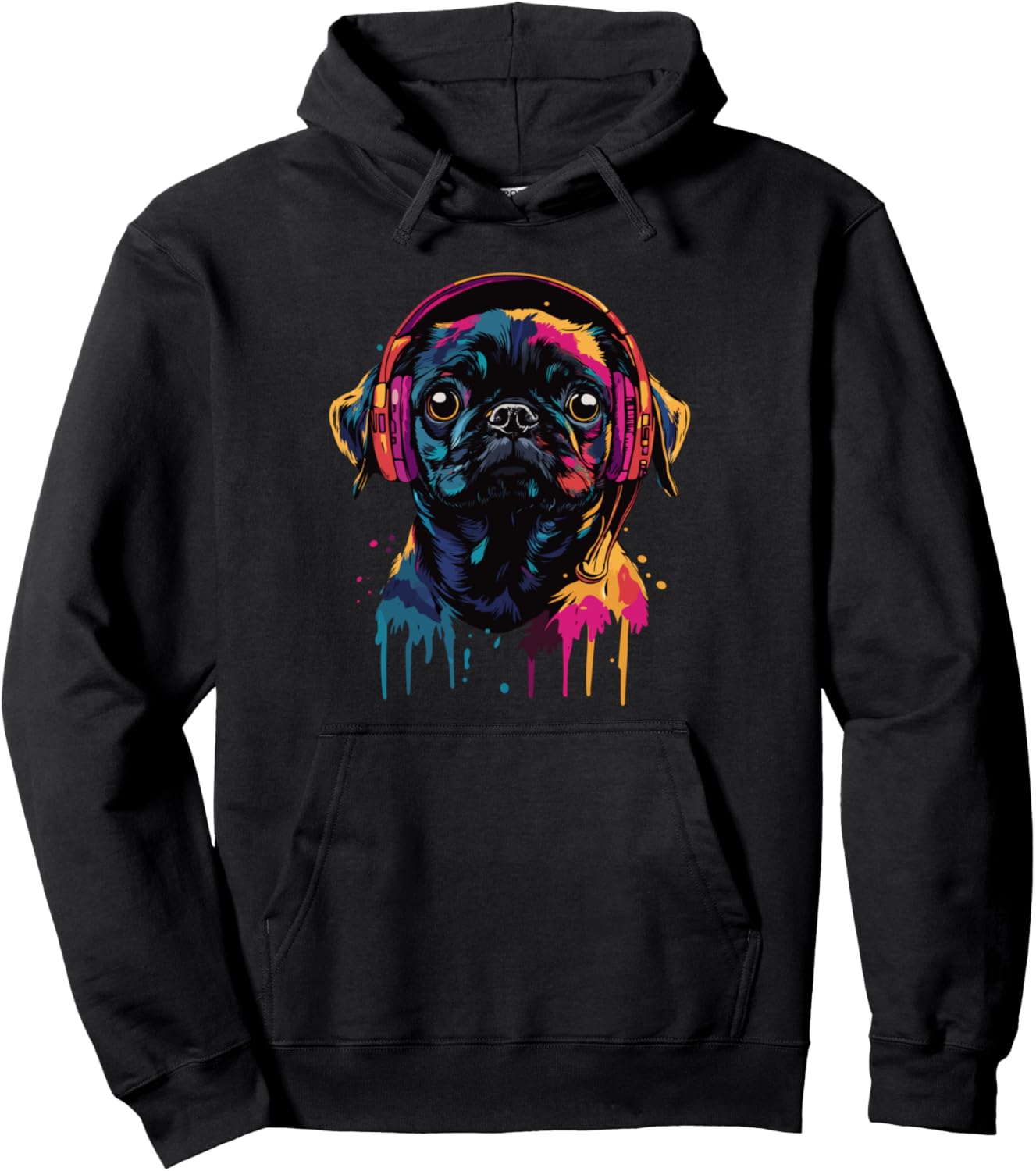 Black Pug Lover Pop Art Wearing Headphones Funny Black Pug Pullover Hoodie