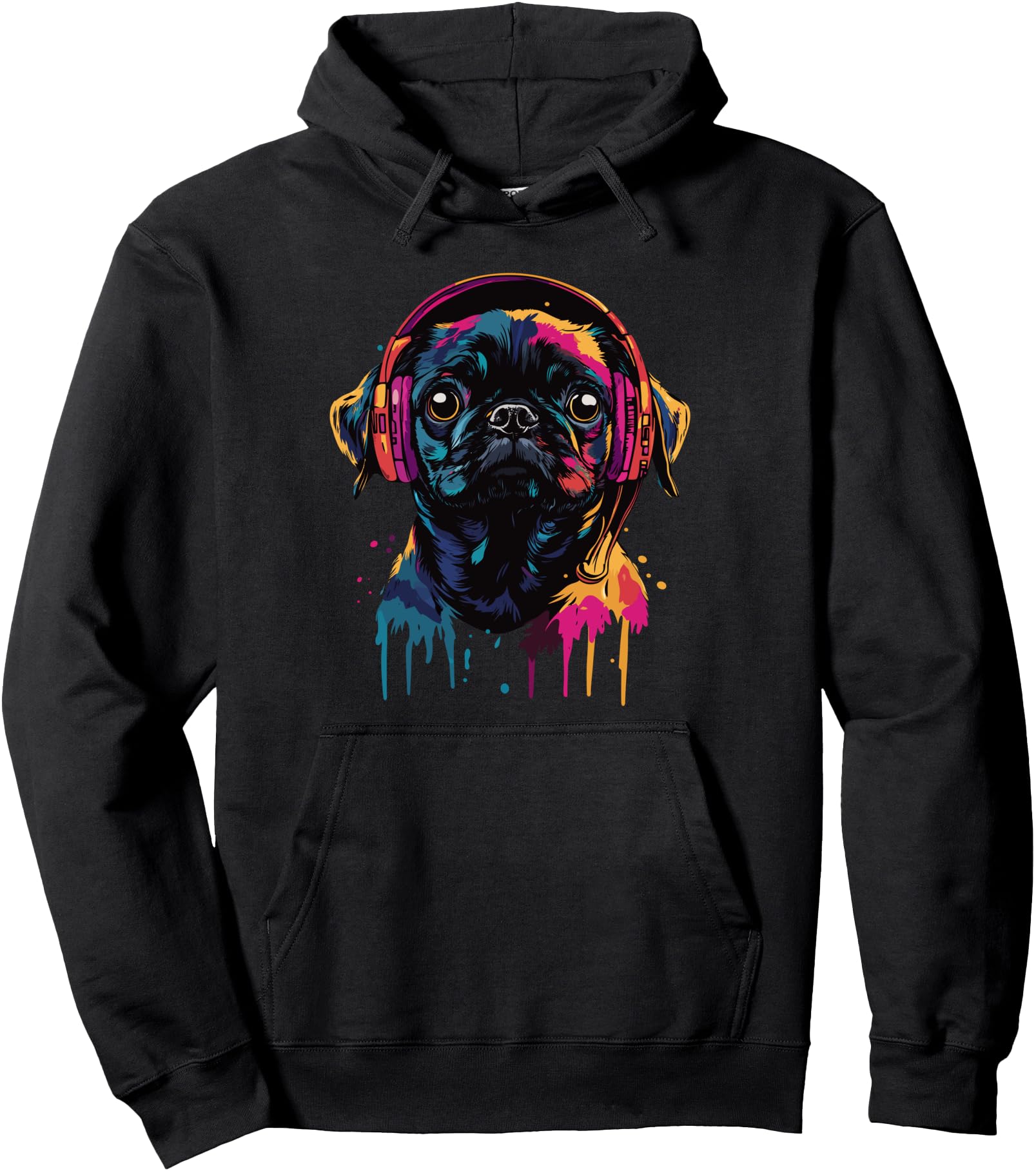 Black Pug Lover Pop Art Wearing Headphones Funny Black Pug Pullover Hoodie