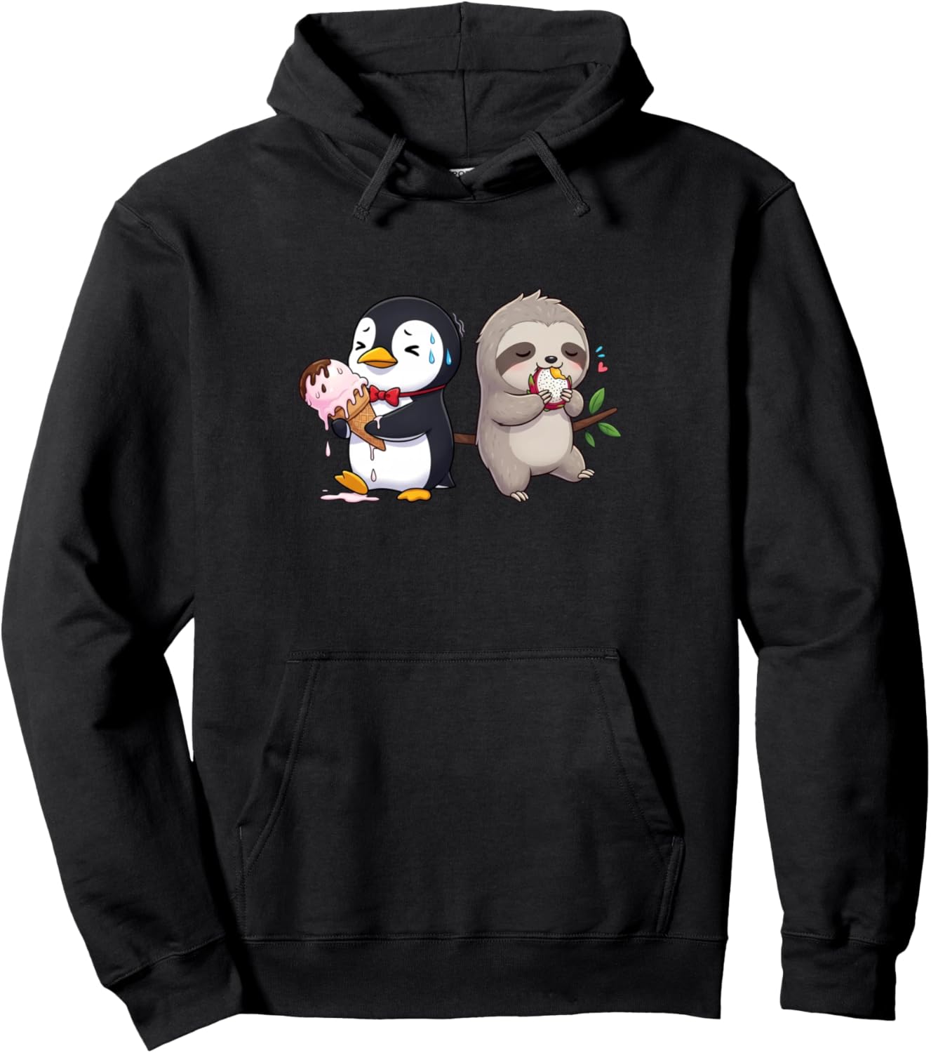 Cute Penguin & Sloth Funny Kawaii Ice Cream & Dragon Fruit Pullover Hoodie