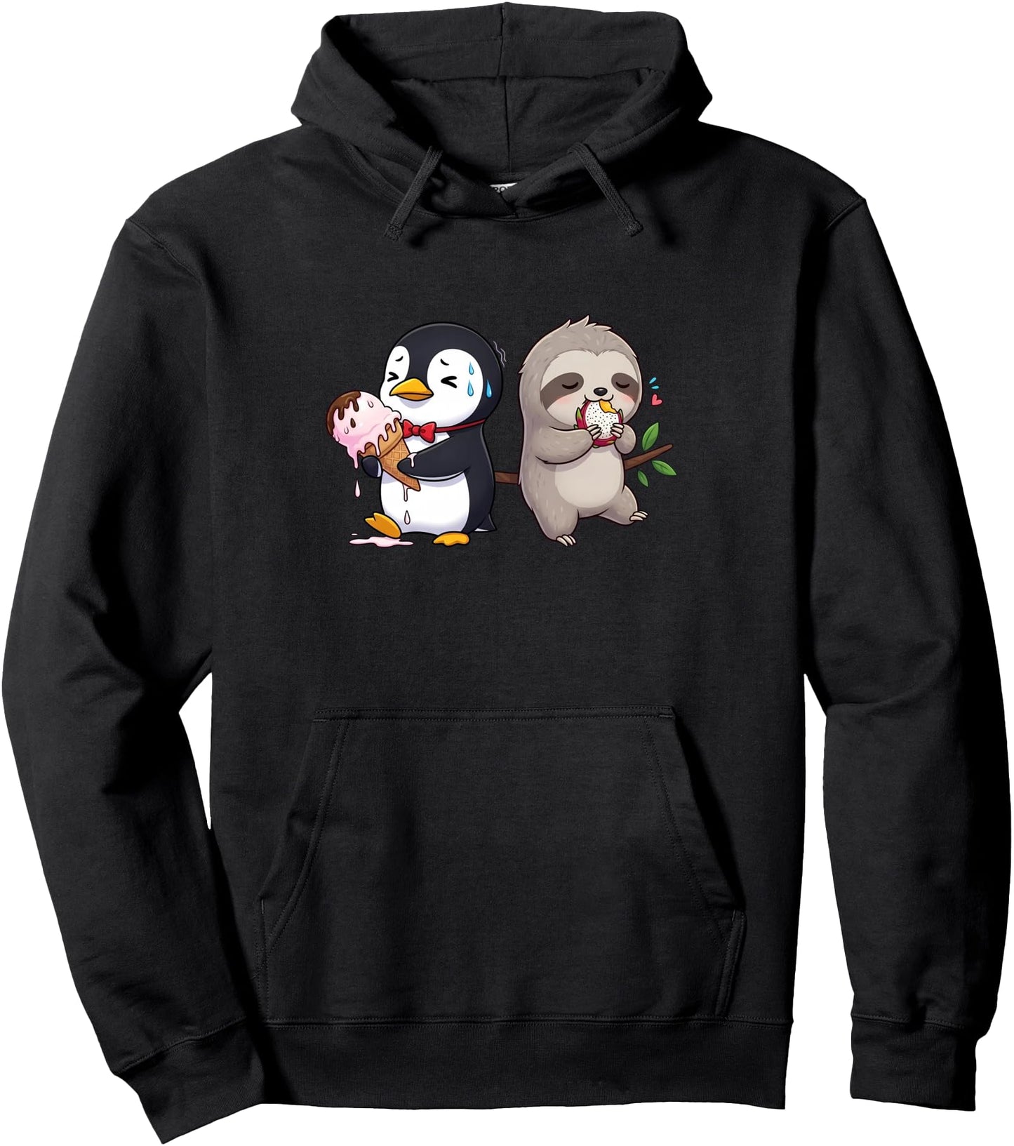 Cute Penguin & Sloth Funny Kawaii Ice Cream & Dragon Fruit Pullover Hoodie
