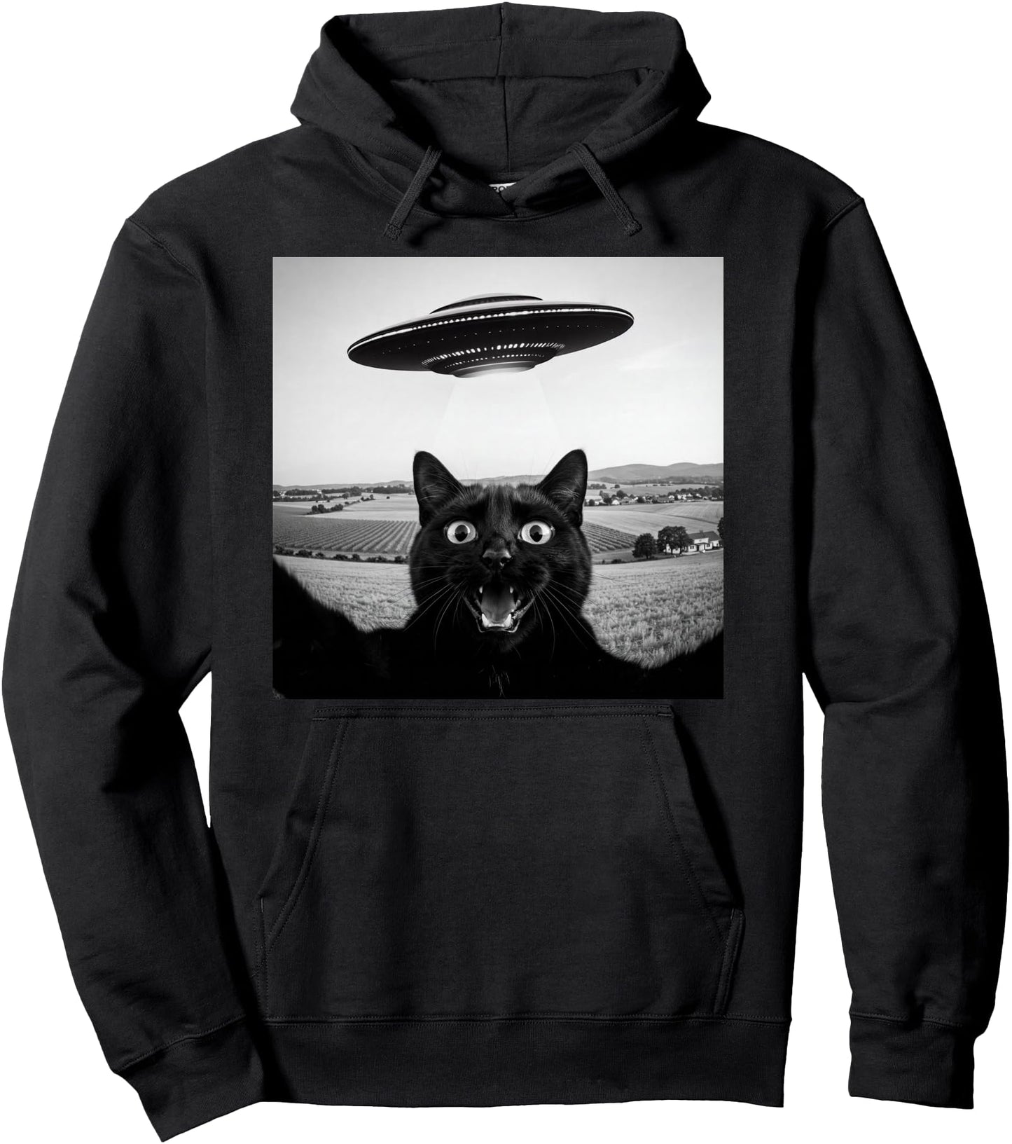 Black Cat Selfie UFO Alien Funny Gifts For Men Women Pullover Hoodie