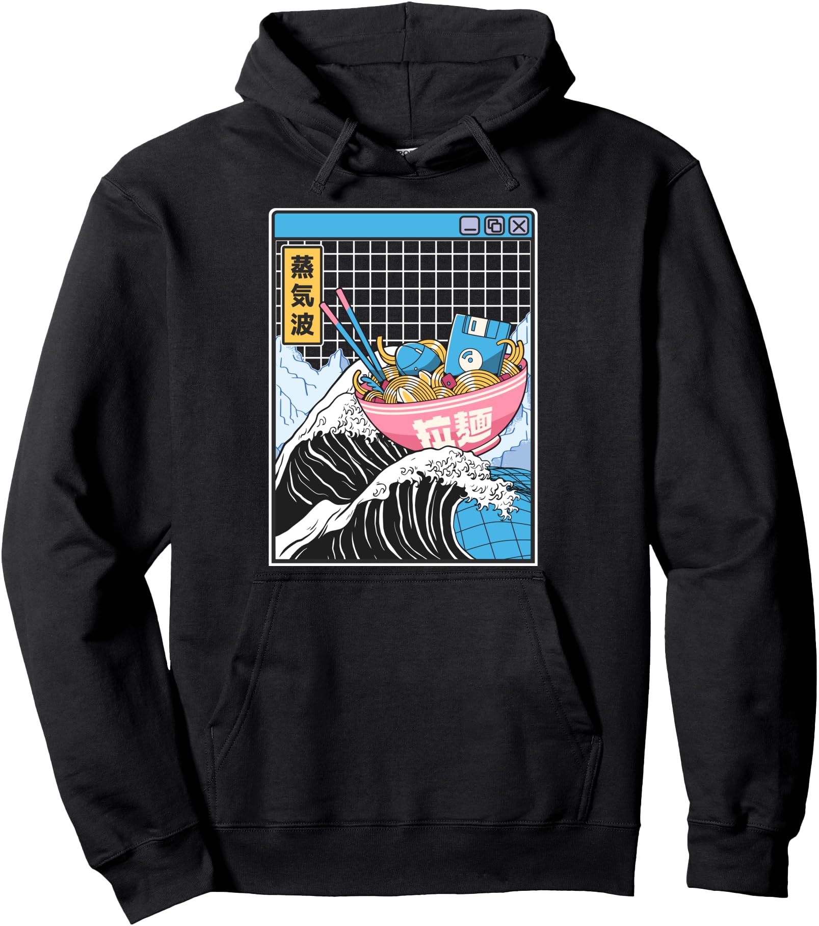 Digital Ramen Bowl Kanagawa Wave Digital Anime Vaporwave Pullover Hoodie