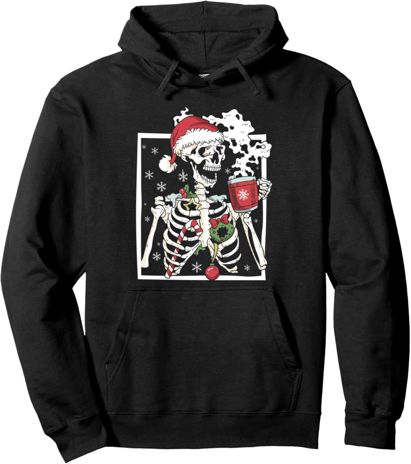 Christmas Skeleton With Smiling Skull Drinking Coffee Latte Pullover Hoodie