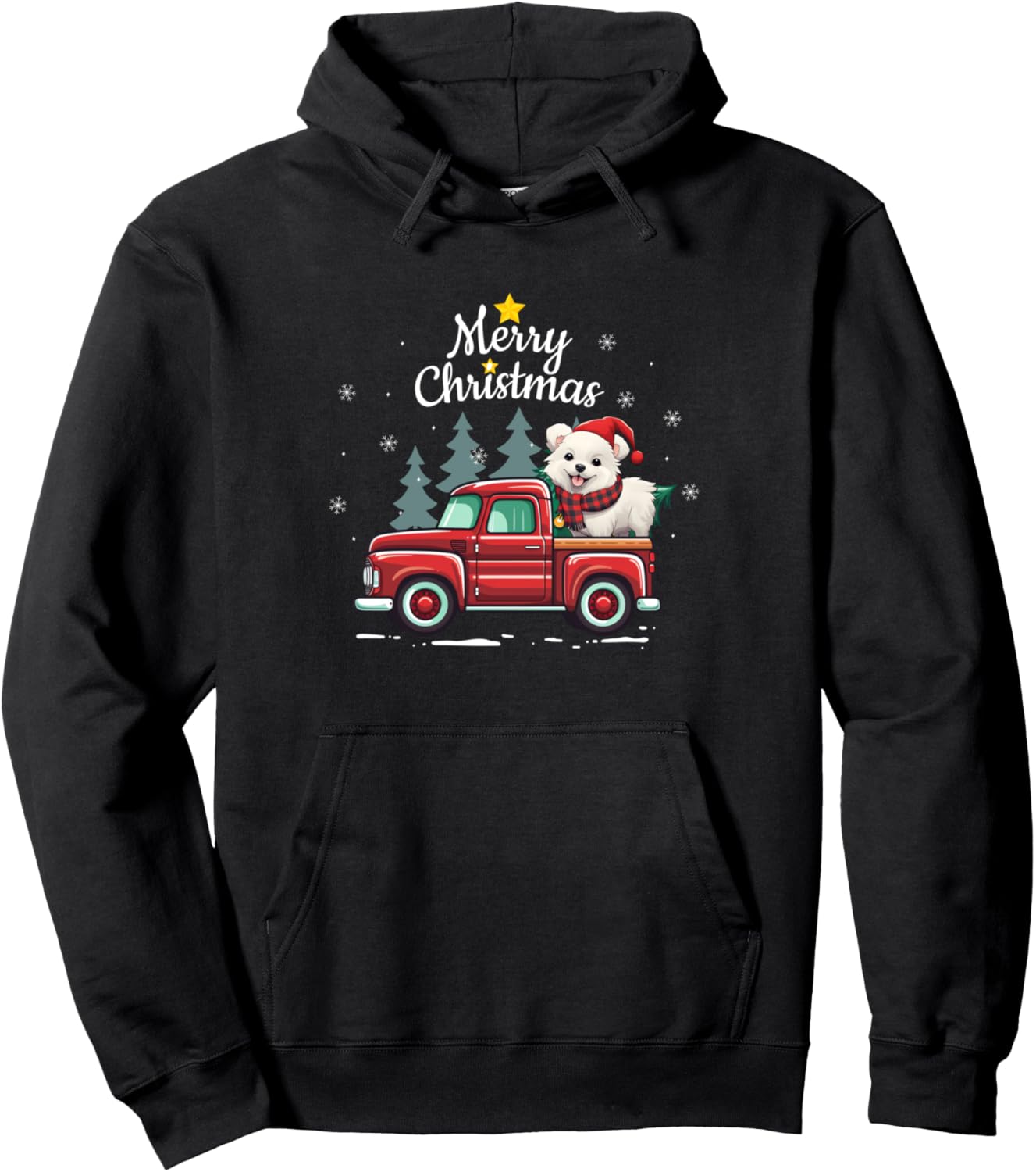 American Eskimo Christmas Dog Truck Plaid Funny Xmas Tree Pullover Hoodie