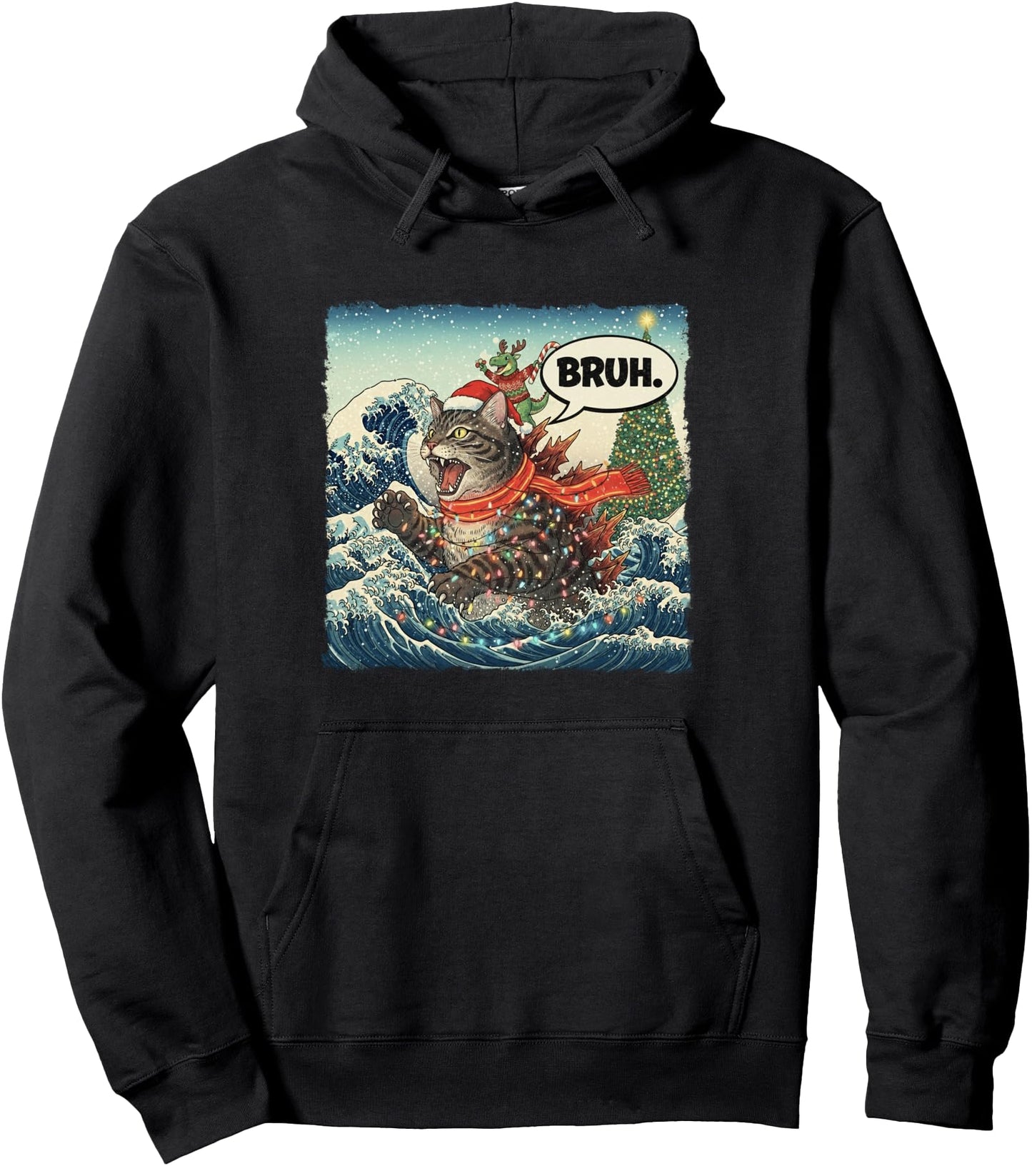 BRUH Catzilla Cat Dinosaur Funny Christmas Wave Japanese Art Pullover Hoodie