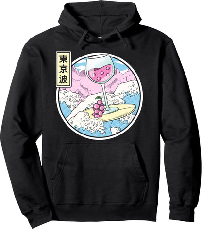 Surfing Wine Glass In Japan Waves Kawaii Vaporwave Anime Pullover Hoodie