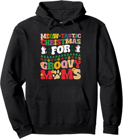Christmas Cat Mom Retro Groovy Cats Adoption Holiday Pullover Hoodie