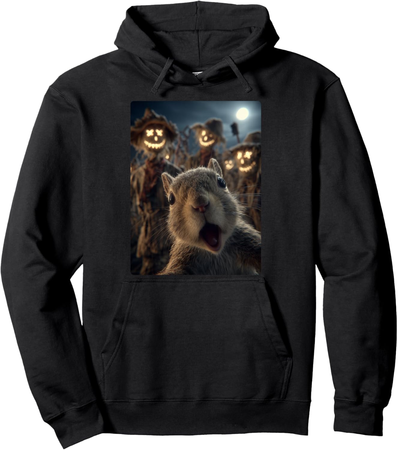 Squirrel Selfie with Scarecrows Moon Spooky Halloween Animal Pullover Hoodie