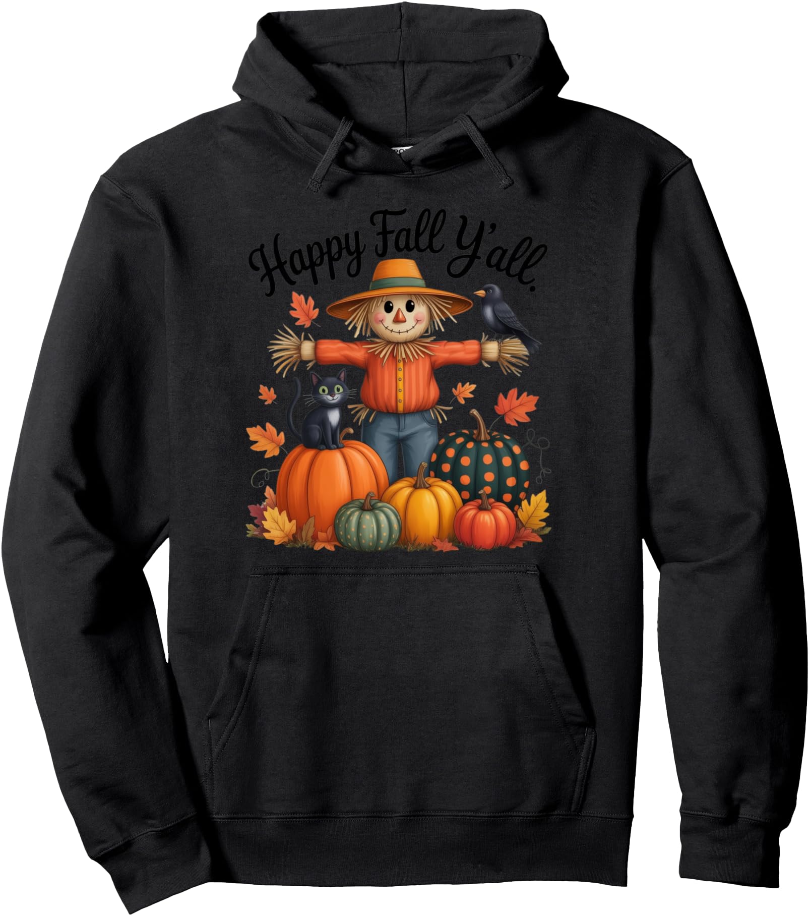 Happy Fall Y'all Scarecrow with Pumpkins and Cat Design Pullover Hoodie