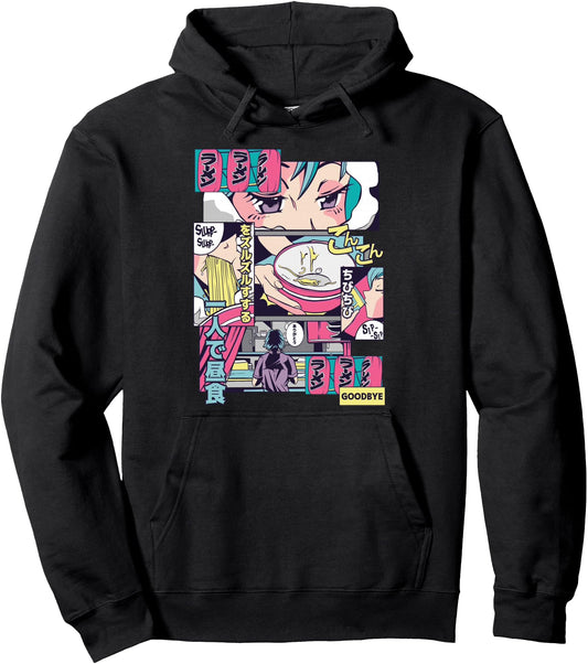 90s Japanese Vintage Kawaii Ramen Anime Manga Girl Pullover Hoodie
