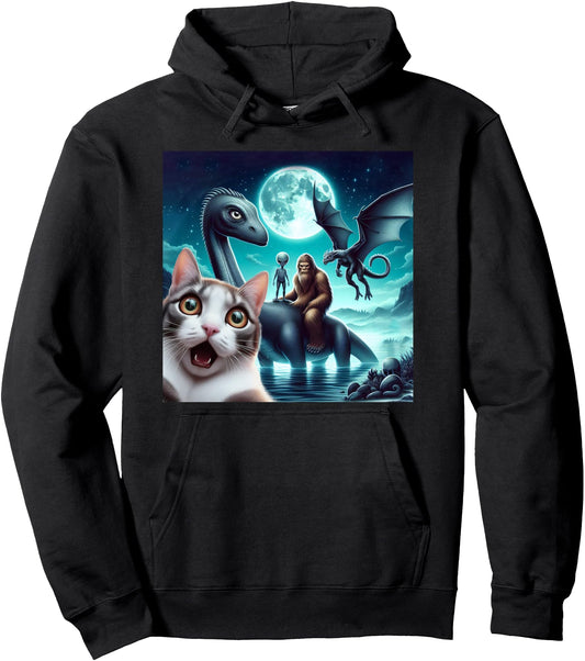 Cat Selfie with bigfoot alien UFO loch Ness monster dragon Pullover Hoodie