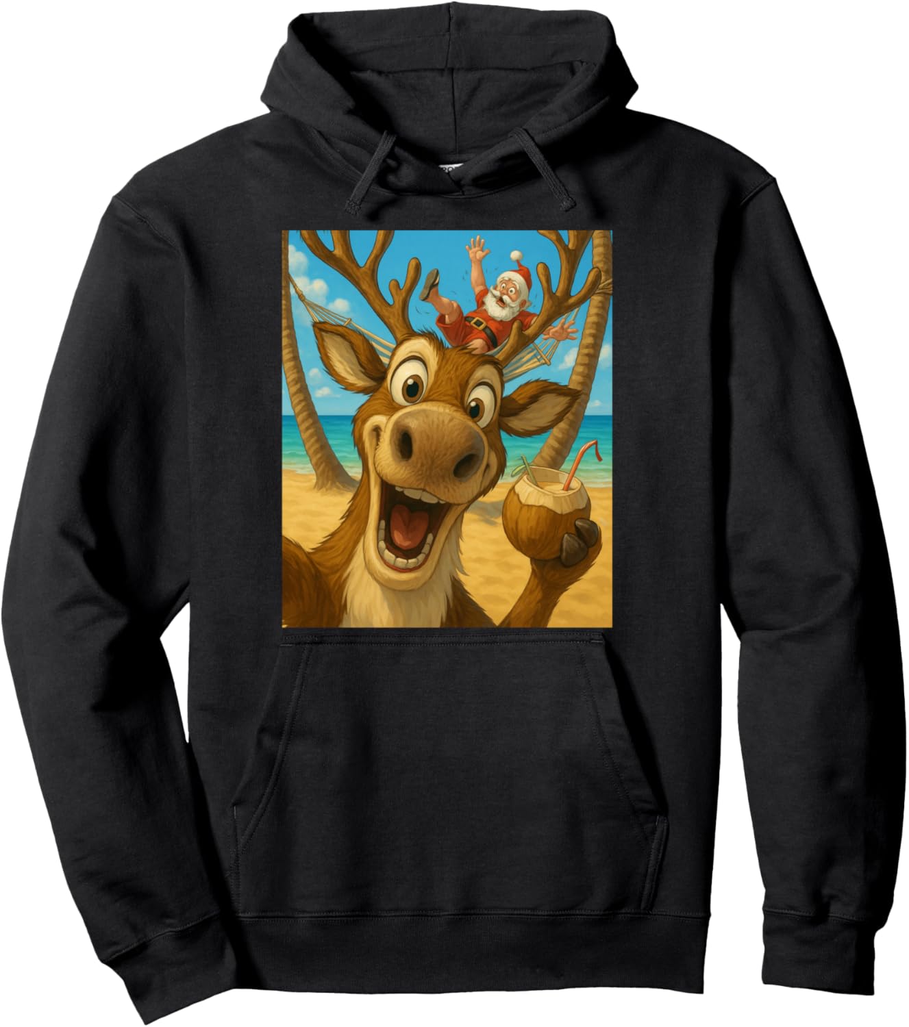 Funny Reindeer Beach Selfie - Christmas in July Pullover Hoodie