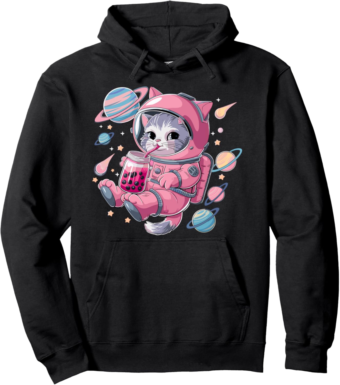 Kawaii Cat Bubble Tea Boba Tea Space Astronaut Anime Girls Pullover Hoodie
