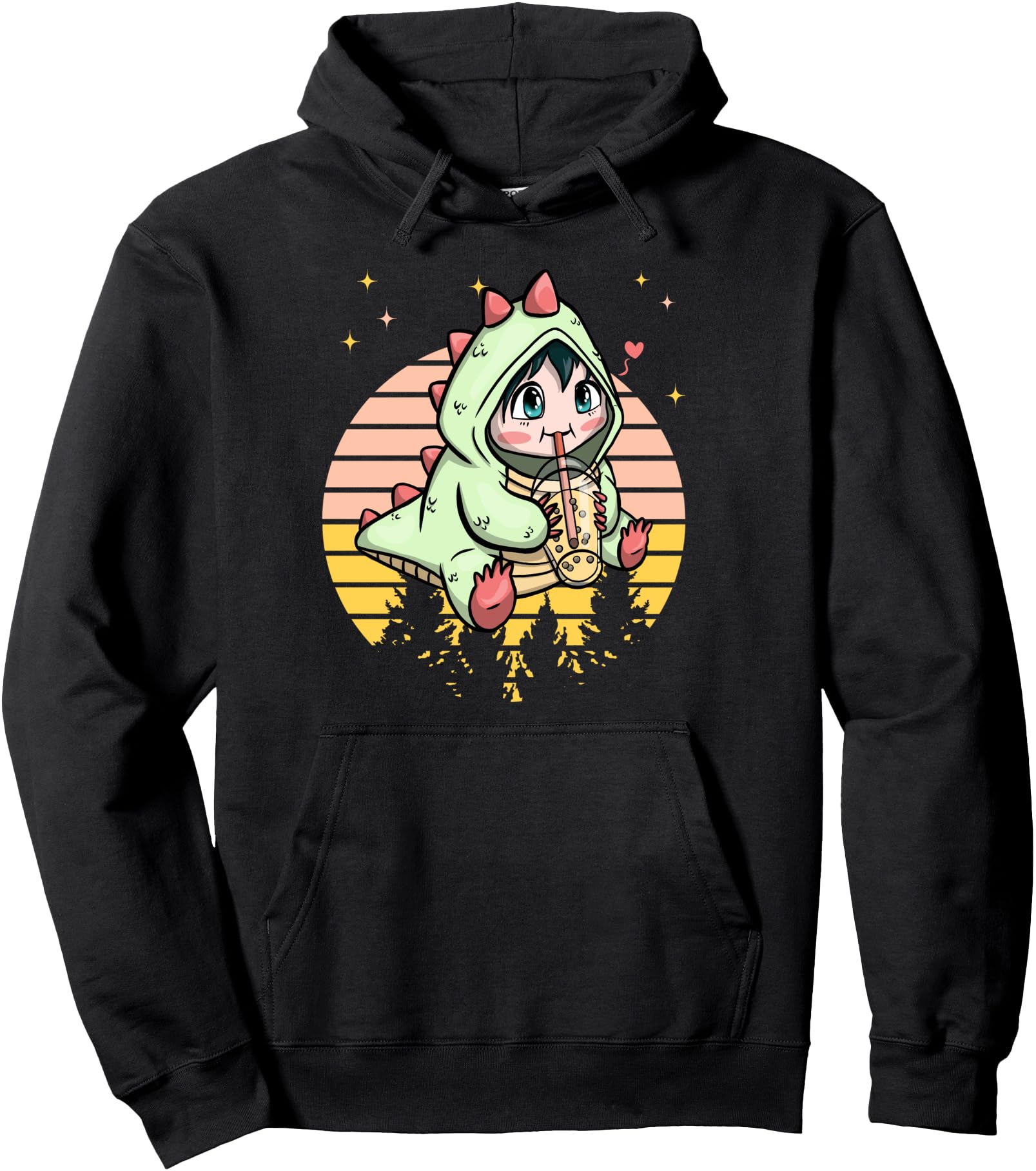 Dinosaur Kid Drinking Boba Tea Tired Gift School Japanese Pullover Hoodie