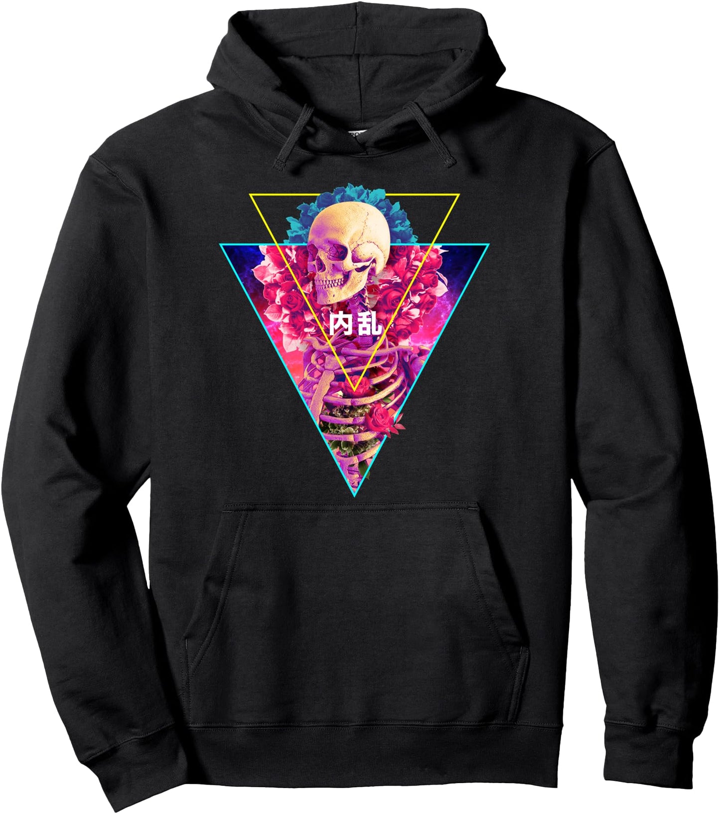 Vaporwave Skeleton with Flowers Inner Turmoil Japanese Kanji Pullover Hoodie