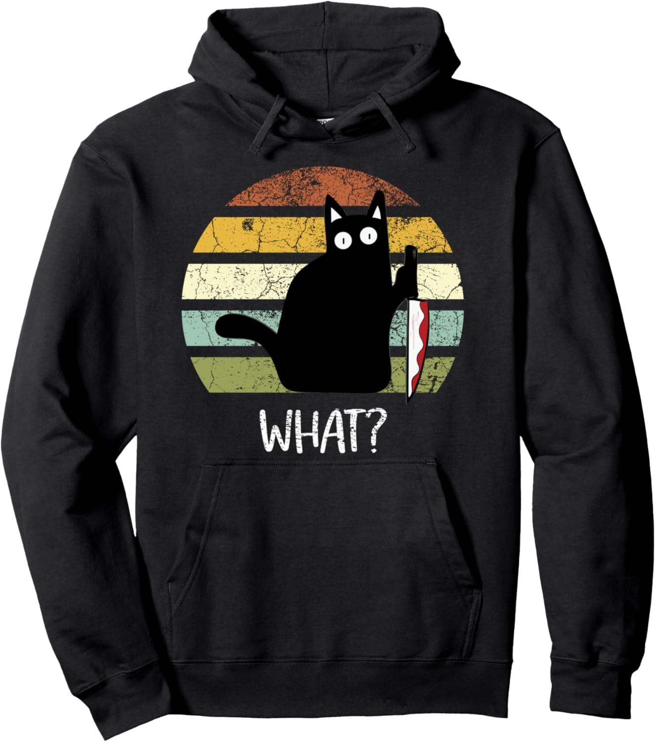Cat What? Funny Halloween Black Cat With Knife Pullover Hoodie