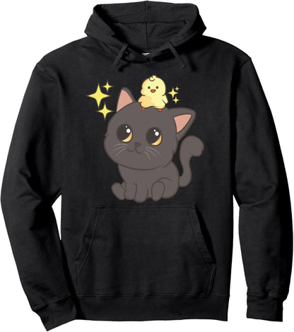 Black Cat And A Cute Chicken - Cute Kawaii Anime Japanese Pullover Hoodie
