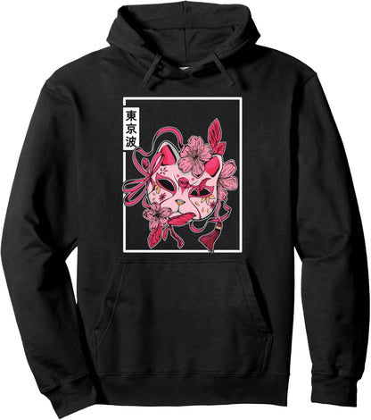 Japanese Mask Cat Cherry Blossom Japan Aesthetic Anime Pullover Hoodie