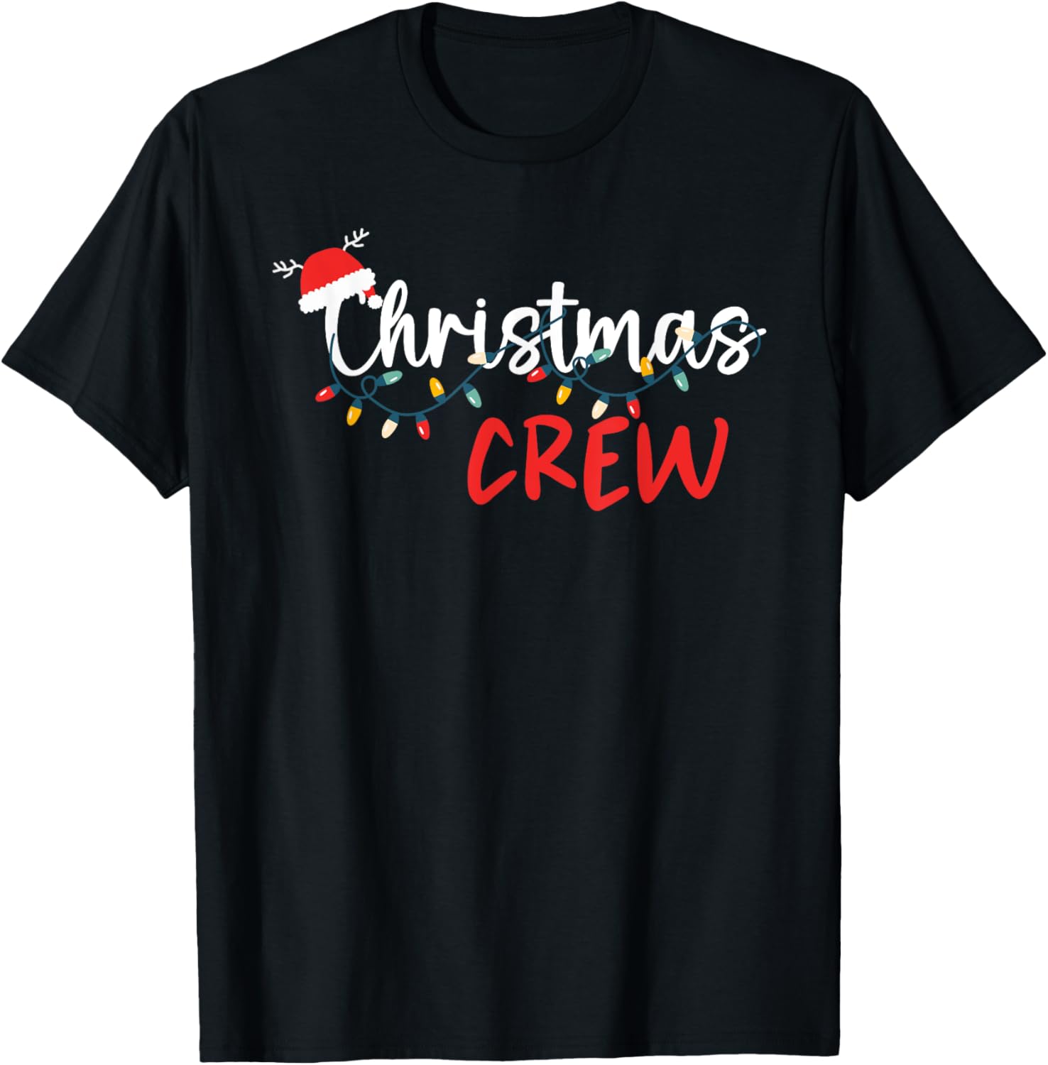 Merry Christmas Xmas Lights Family Pajamas Holiday - Unisex Christmas Crew T-Shirt - Black - Small - Short Sleeve - Crew Neck - Letter Print - Holiday - Christmas - Family Matching Pajamas