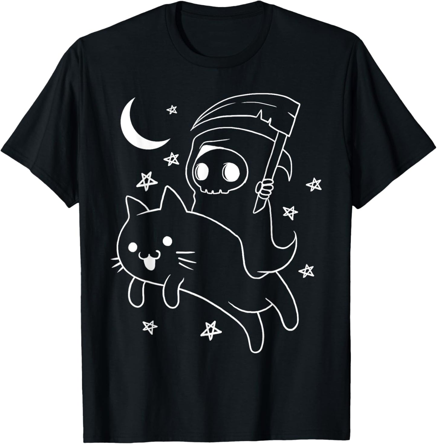 Grim Reaper Riding Cat Mount Chibi Kawaii Cartoon Art T-Shirt for Men Women Girls Kids