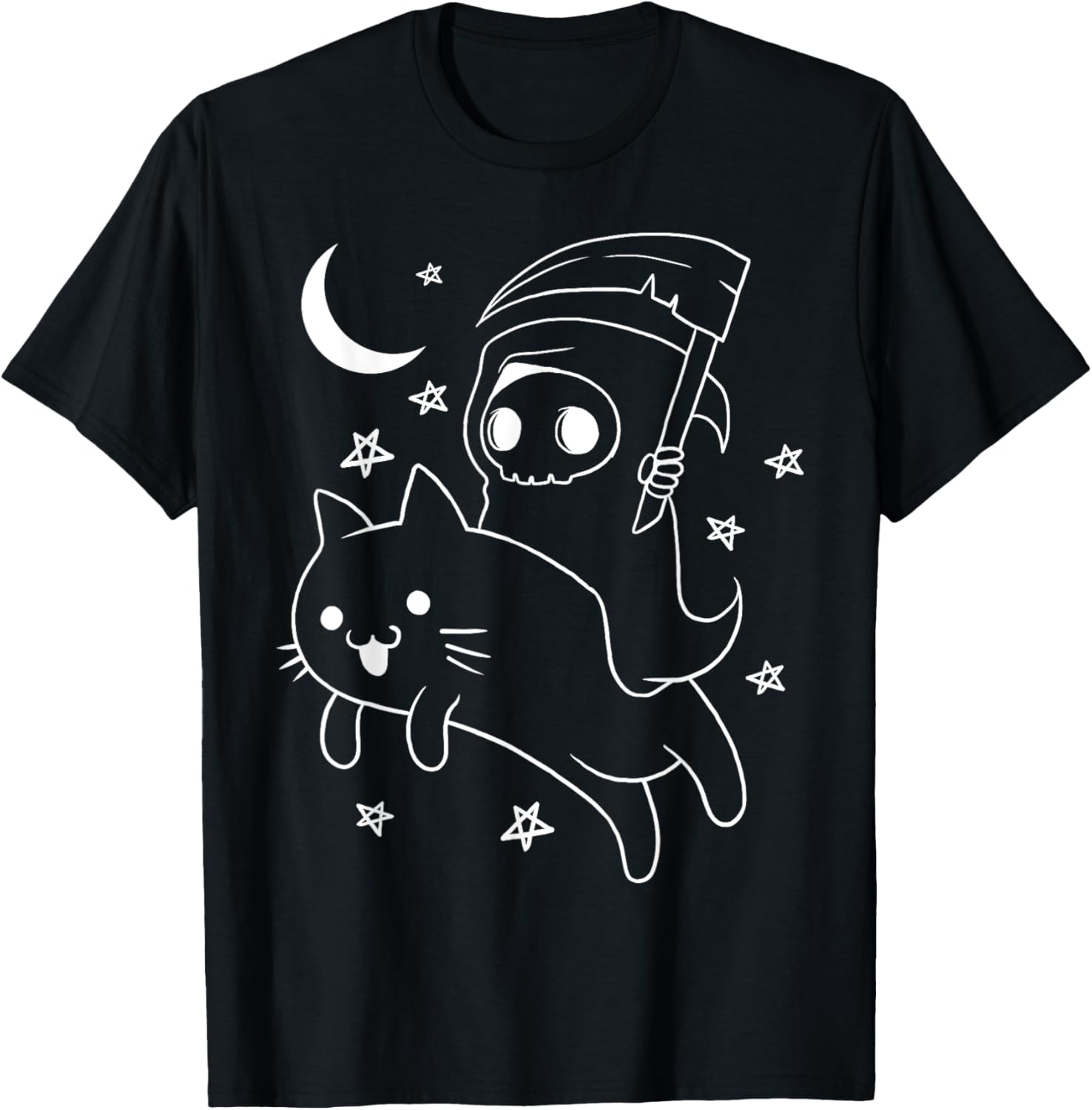 Grim Reaper Riding Cat Mount Chibi Kawaii Cartoon Art T-Shirt for Men Women Girls Kids