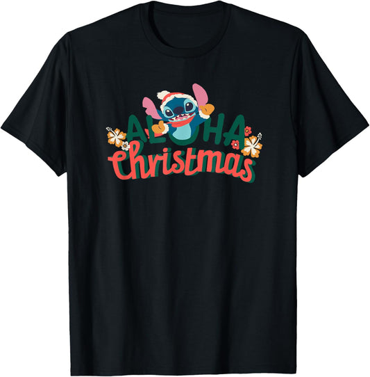 Amazon Essentials Men's Stitch Smiling Aloha Christmas T-Shirt, Black Graphic Print, Small