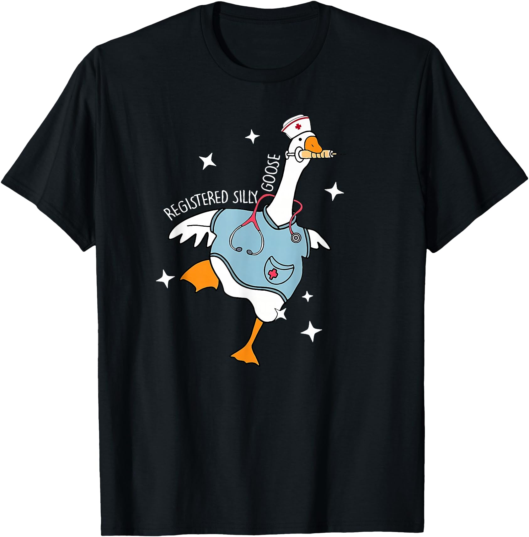 Nurse Silly Goose Pediatric Nurse Appreciation Black Cartoon Humor U-Neck Classic Fit Short Sleeve T-Shirt, Size Small, Unisex-Adult, Nurses, Nursing Students