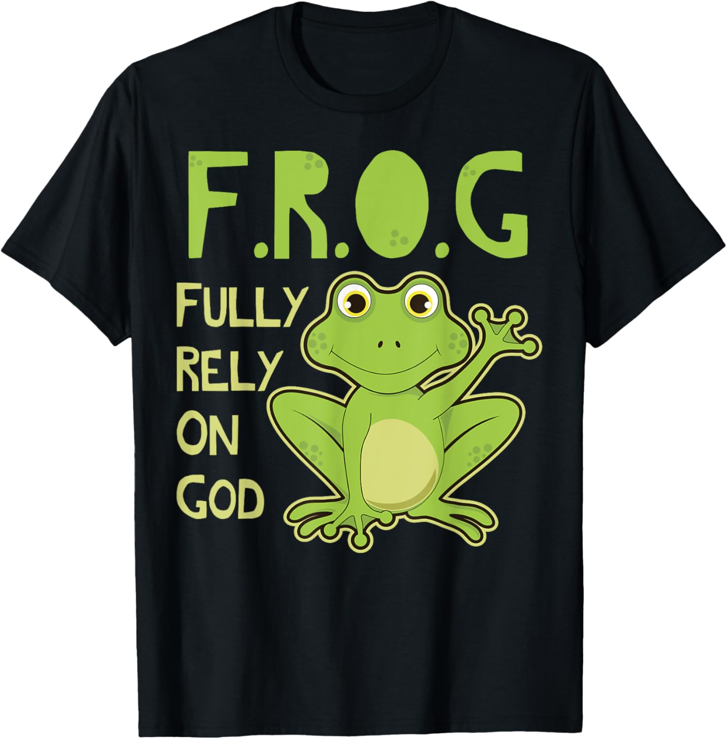 Fully Rely On God Frog Gift Design Unisex Adults T-Shirt Black Small Cartoon Frog Christian Gift Idea