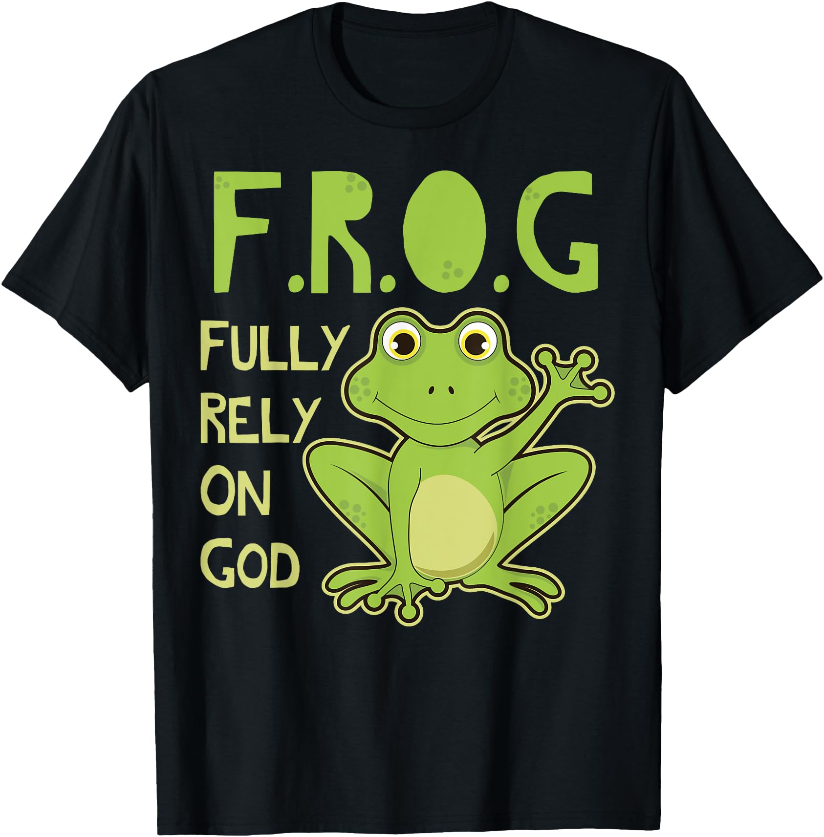 Fully Rely On God Frog Gift Design Unisex Adults T-Shirt Black Small Cartoon Frog Christian Gift Idea