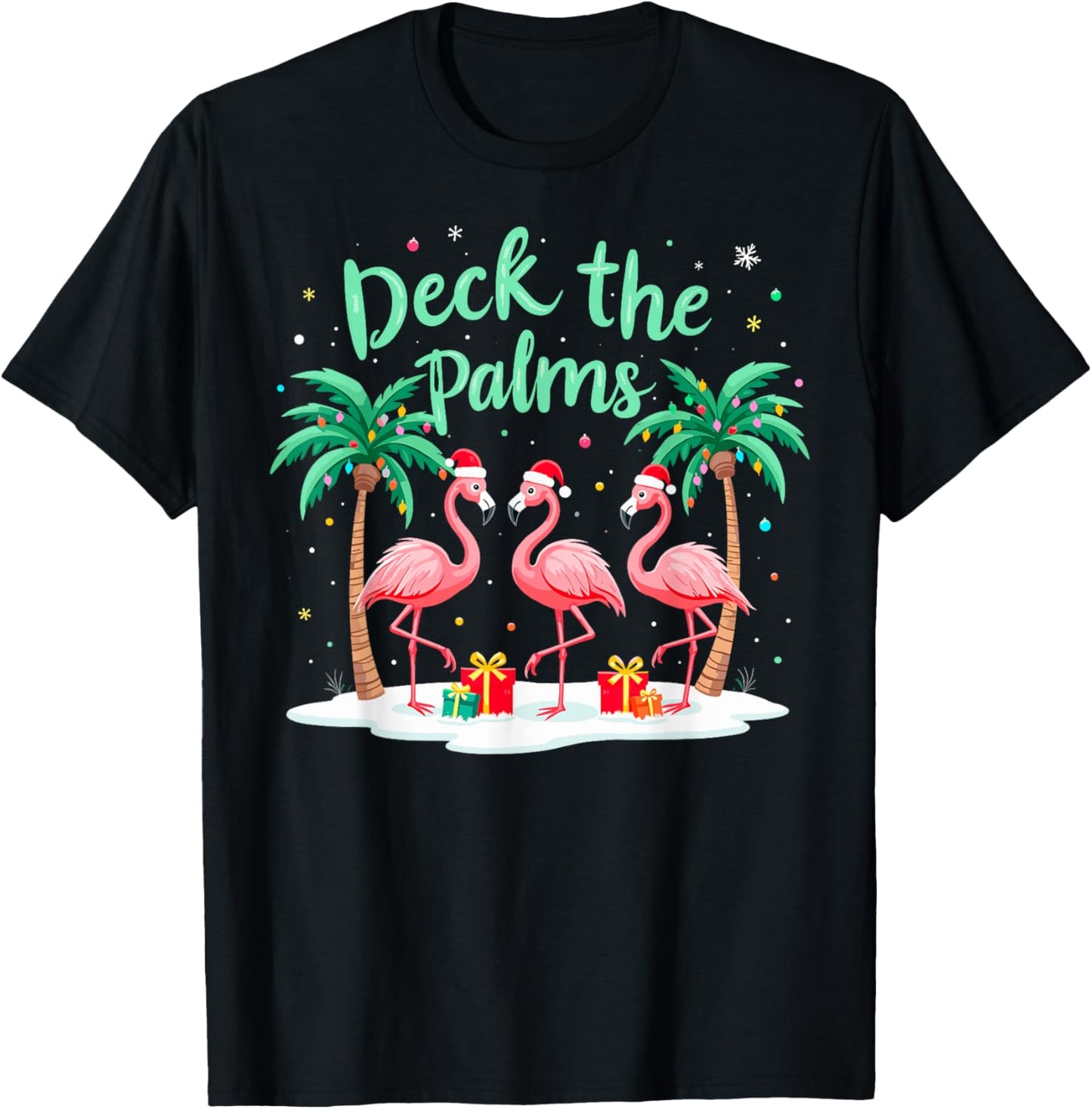 Deck the Palms Flamingo Santa Funny Christmas Xmas Party Tee