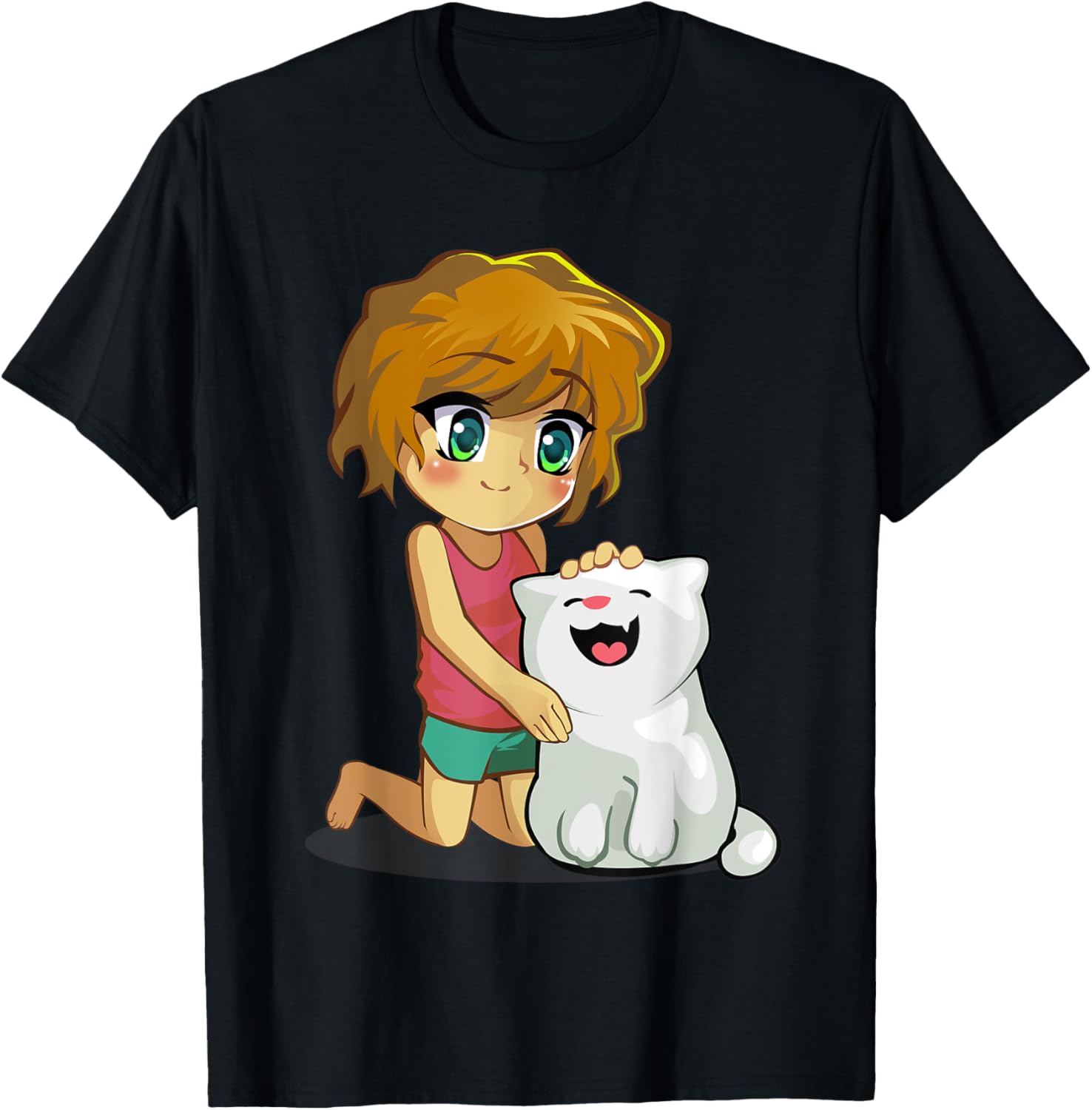 Cute Girl With Fluffy Happy Cat Cartoon Anime Chibi
