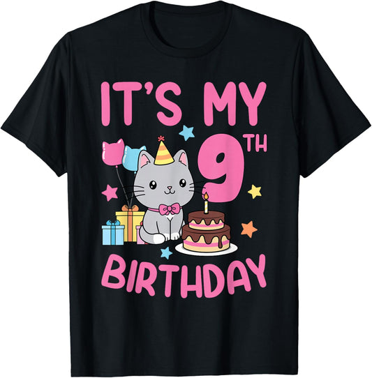 9 Years Old Kids Girls Boys It's My 9th Birthday Kawaii Cat