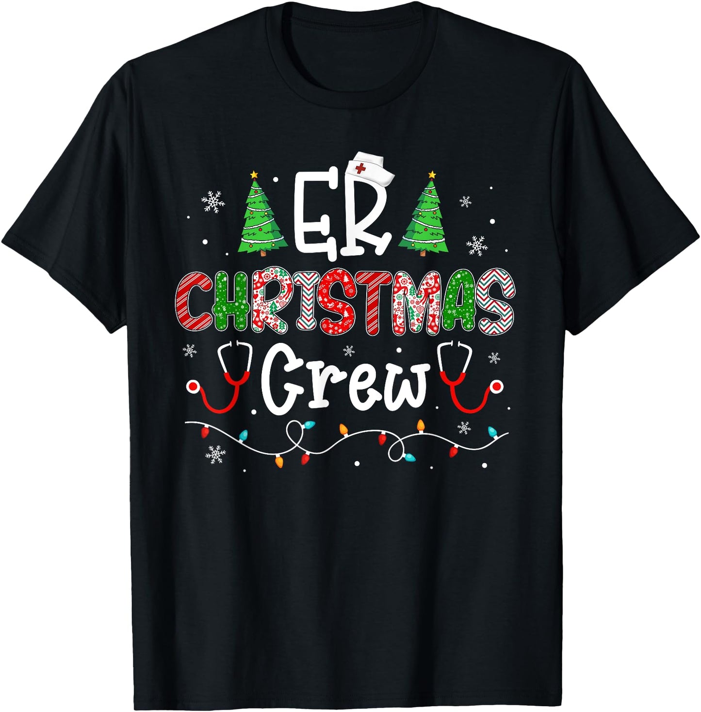 ER Nurse Christmas Apparel Unisex-Adults Christmas Cartoon Women's T-Shirt Black Crew Collar Modern Classic T-Shirt Small