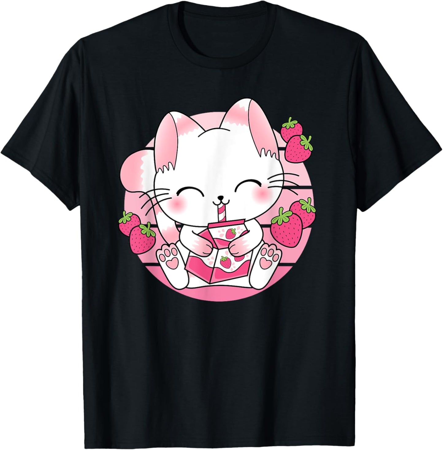 Cute Kawaii Cat Japanese Strawberry Milk Anime Neko Otaku T-Shirt for Men Women Girls Kids