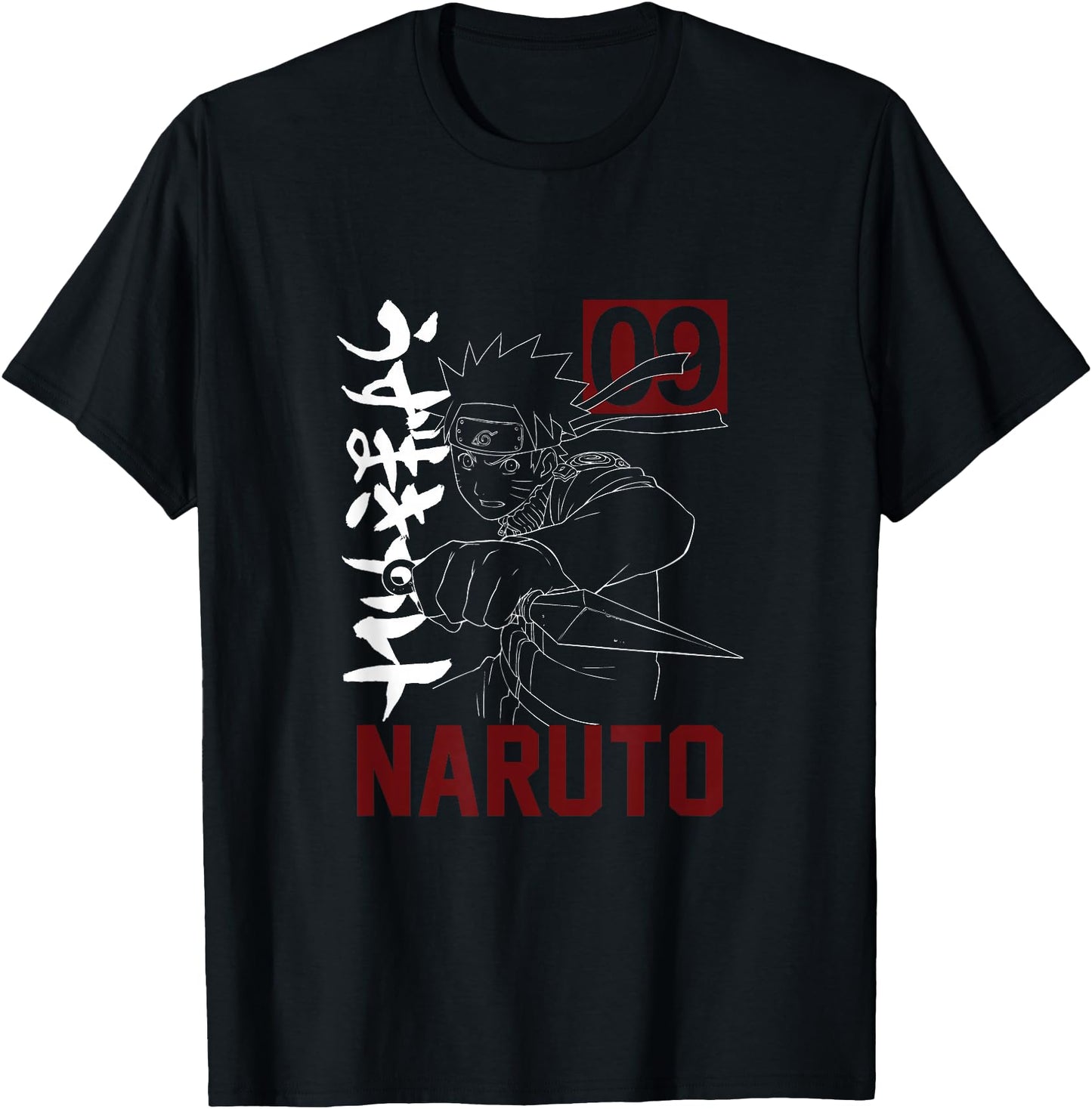 Naruto T-Shirt for Men - Anime Graphic with Kunai Kanji Design - Black, Short Sleeve, Size S