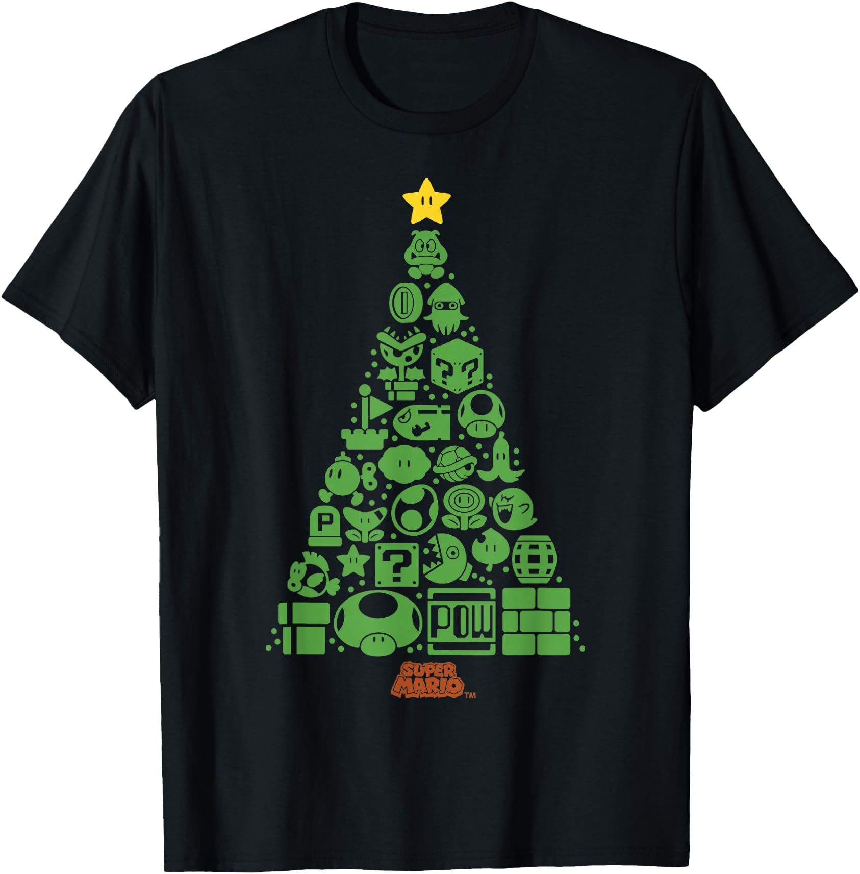 Super Mario Item Characters Christmas Tree Graphic Short Sleeve T-Shirt Black