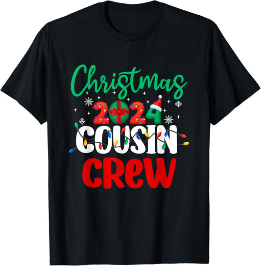 Christmas 2024 Cousin Crew Xmas Lights Funny Matching Pajama T-Shirt, Small, Black