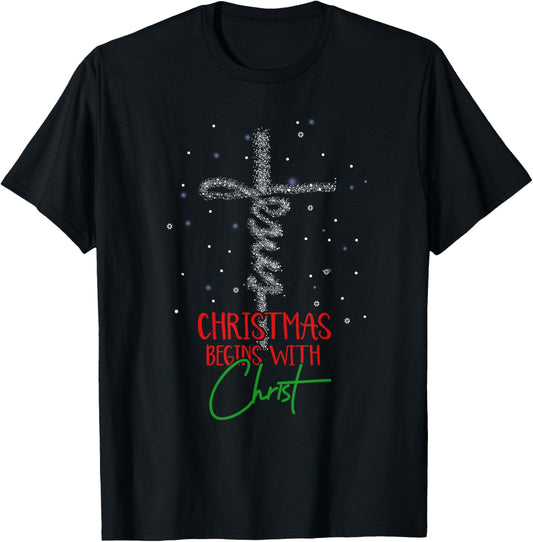 Christmas Begins With Christ Snowman Christian Religious T-Shirt
