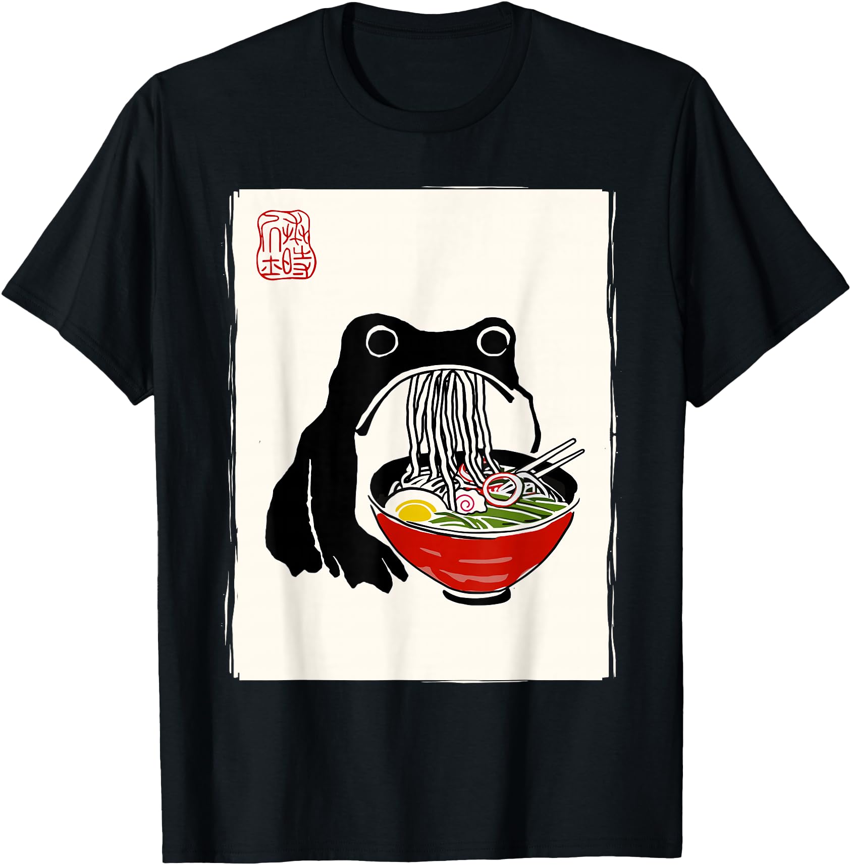 Funny Grumpy Frog Ramen Sumi-e Kawaii Ink Painting Japanese