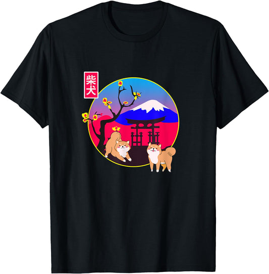 Akita Shiba Inu Japanese Dog Twins Play Mt Fuji & Shrine T-Shirt for Men Women