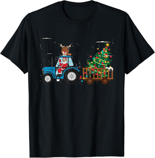 Christmas Farm Tractor Xmas Tree Lights Santa Hat Farmer