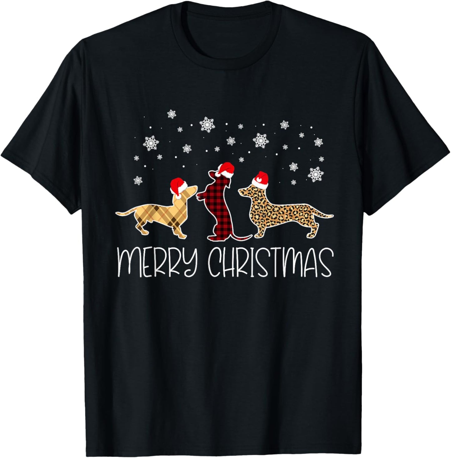 Dachshund Merry Christmas Cute Plaid Leopard Doxie Dog X-Mas T-Shirt for Men Women Kids