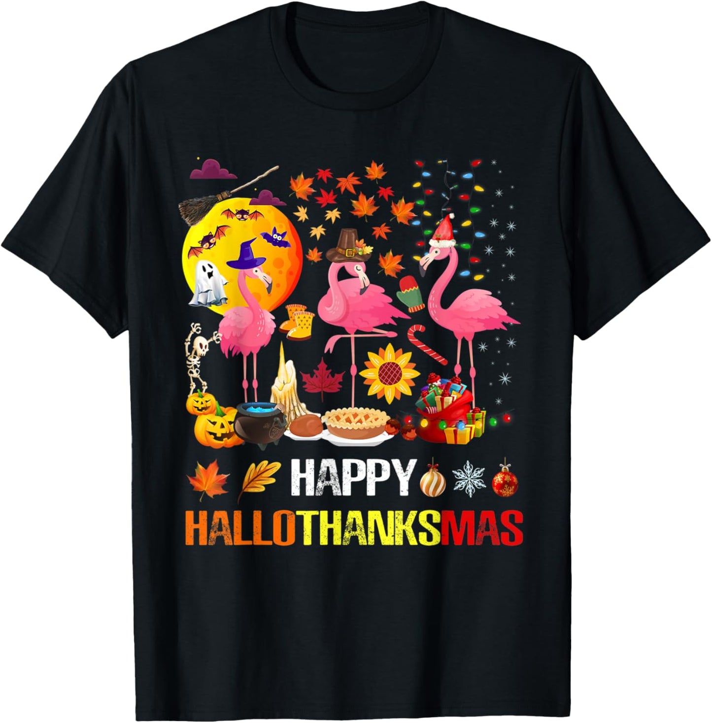 Happy Hallothanksmas Flamingo Halloween Thanksgiving Xmas