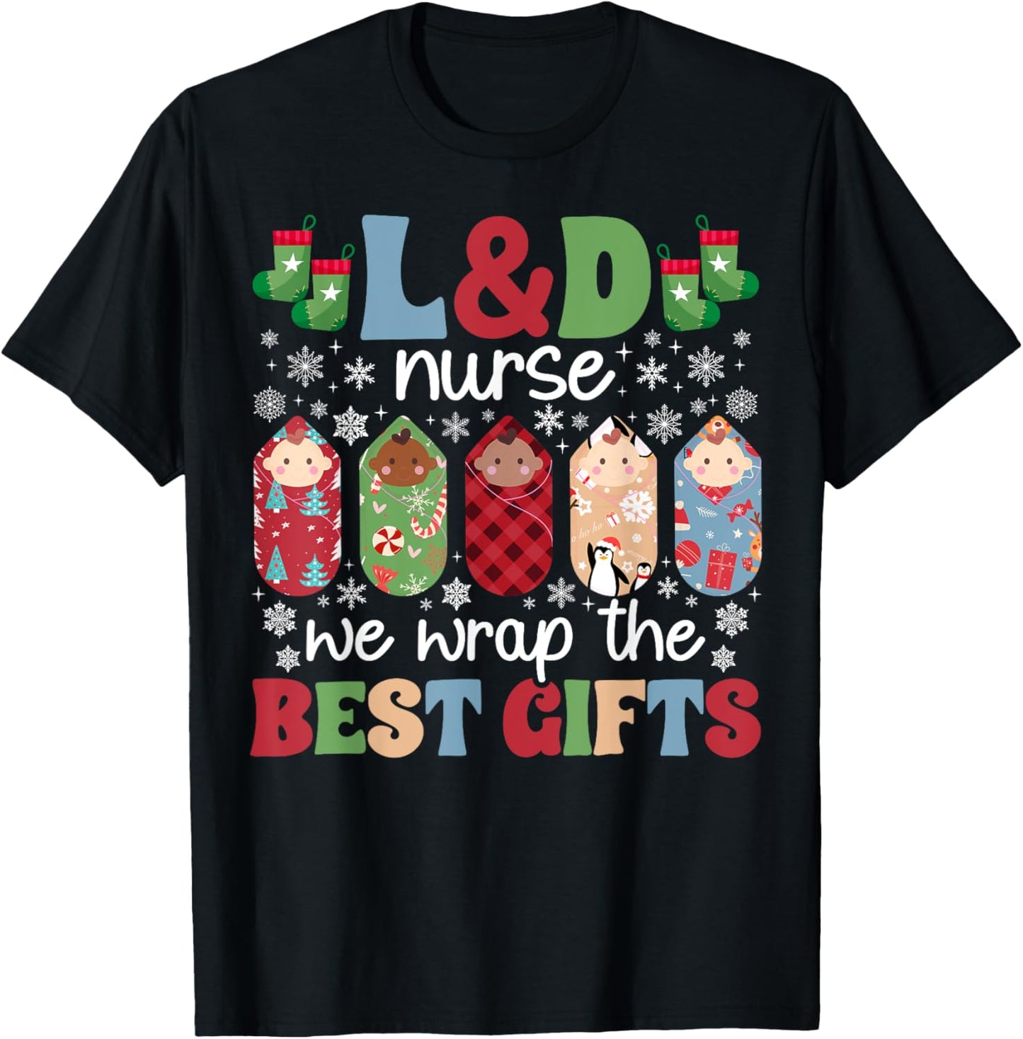 L&D Nurse Christmas L&D Nursing Xmas Black Classic Fit Crew Neck Short Sleeve T-Shirt, Small, Unisex Adult, Nurses, Nursing Students, Labor And Delivery, Supporters