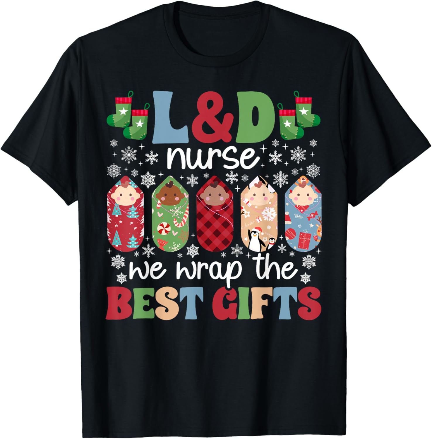 L&D Nurse Christmas L&D Nursing Xmas Black Classic Fit Crew Neck Short Sleeve T-Shirt, Small, Unisex Adult, Nurses, Nursing Students, Labor And Delivery, Supporters