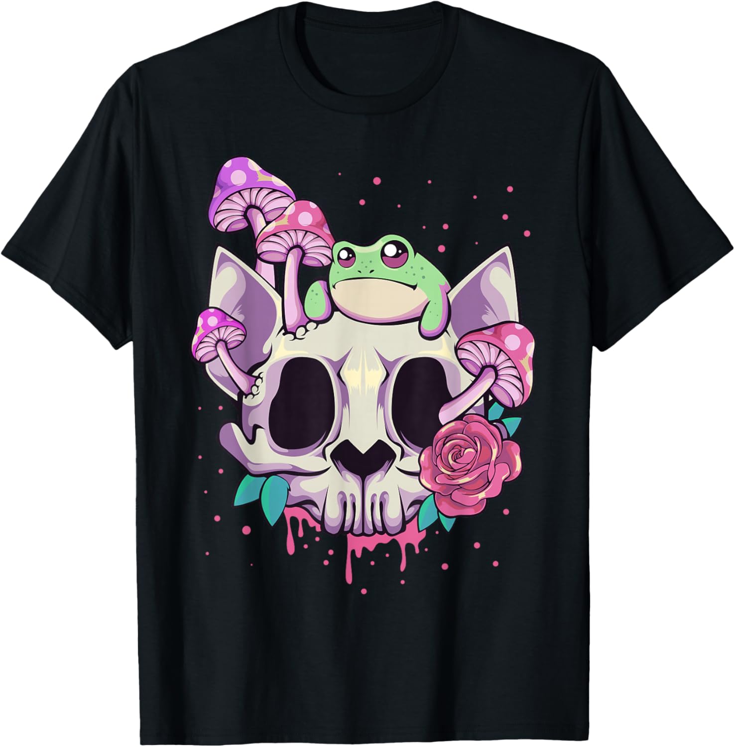 Pastel Goth Kawaii Frog On A Cat Skull with Mushroom