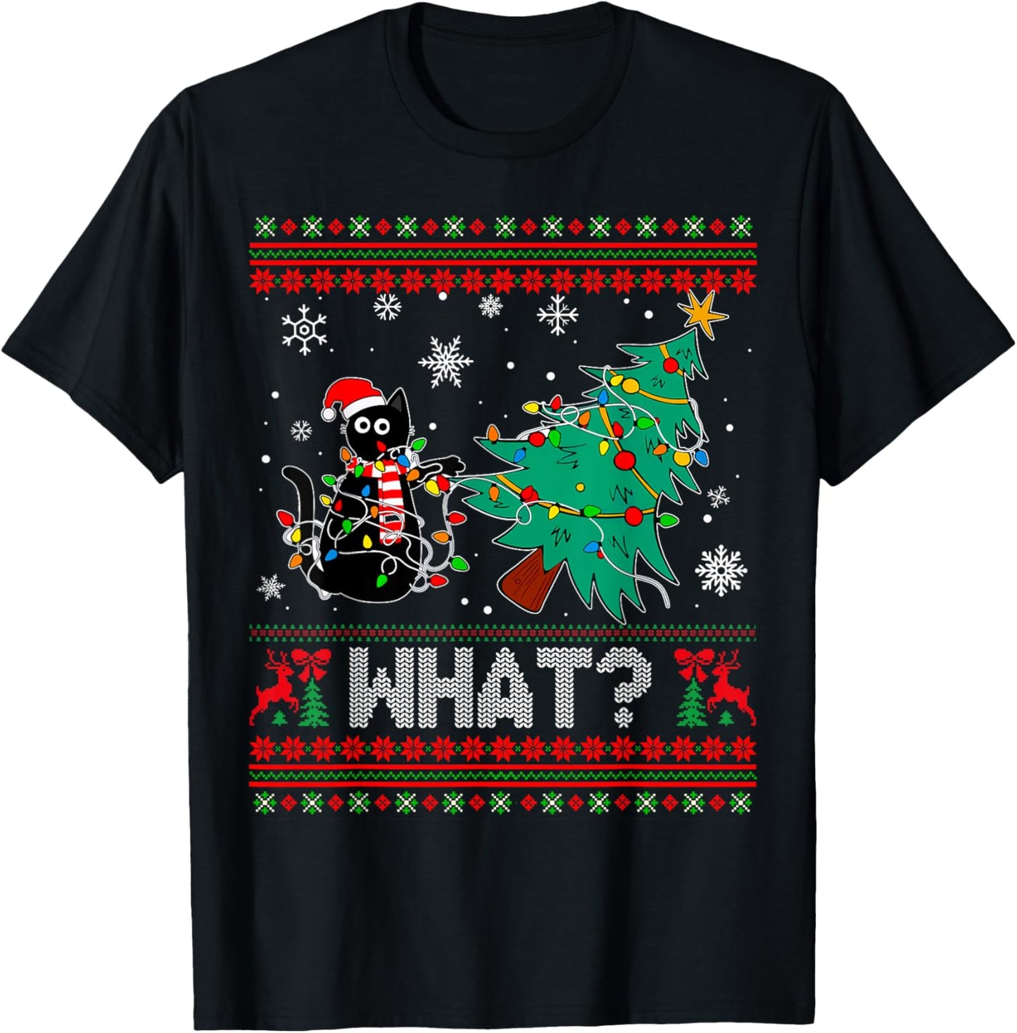 Cat What Funny Black Cat Pushing Christmas Tree Ugly Xmas T-Shirt for Men Women Kids